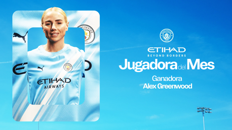Graphic featuring Alex Greenwood as 'Player of the Month' with Manchester City branding and sponsor details on a blue background.