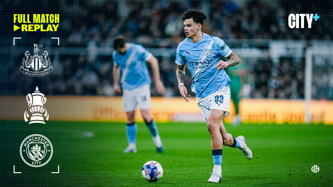 Football player in a Manchester City kit dribbling the ball, facing Newcastle United. FA Cup logos are visible with City+ branding.