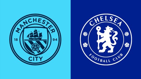 Logos of Manchester City and Chelsea football clubs side by side, Manchester City's logo on a blue background and Chelsea's logo on a darker blue background.