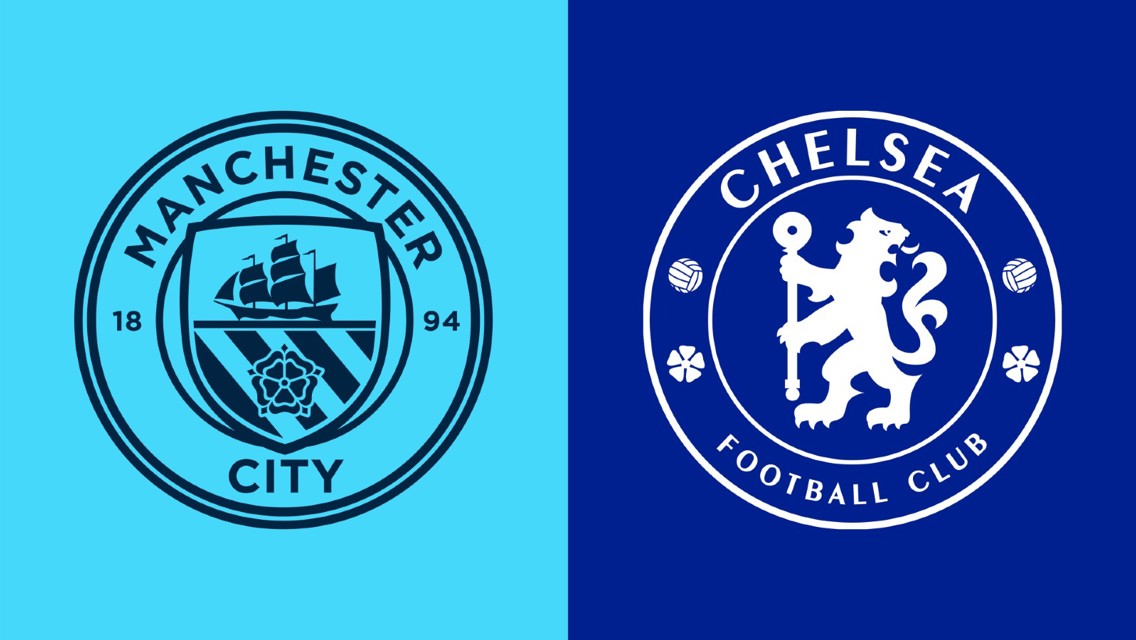 Logos of Manchester City and Chelsea football clubs side by side, Manchester City's logo on a blue background and Chelsea's logo on a darker blue background.