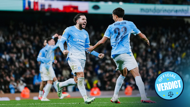 Manchester City players in a light blue kit celebrating a goal on the field during a match, with an 'Official Verdict' badge in the corner.