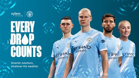 Image of Manchester City football players promoting a campaign with the text 'Every Drop Counts' and logos of Manchester City and Xylem.