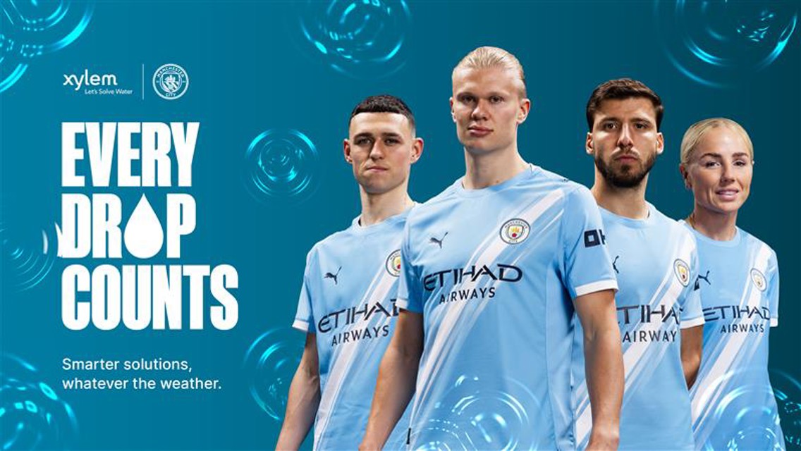 Image of Manchester City football players promoting a campaign with the text 'Every Drop Counts' and logos of Manchester City and Xylem.