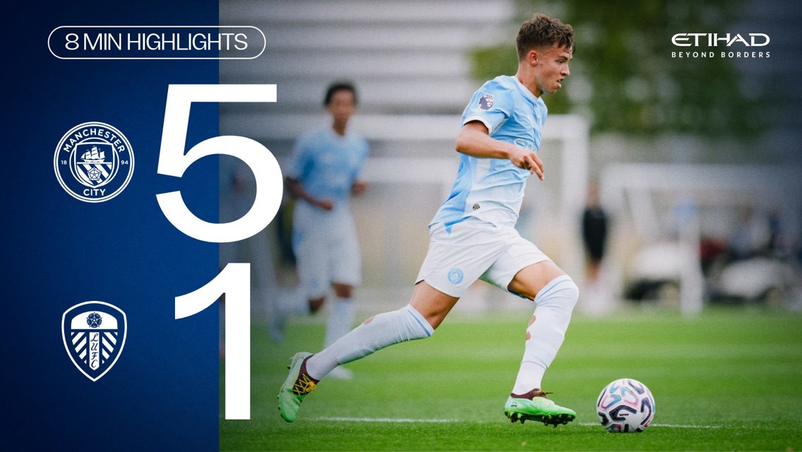 Manchester City logo, score 5-1 against Leeds United, football player in light blue kit with Etihad sponsor. '8 Min Highlights' text and logos present.