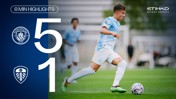 Manchester City logo, score 5-1 against Leeds United, football player in light blue kit with Etihad sponsor. '8 Min Highlights' text and logos present.