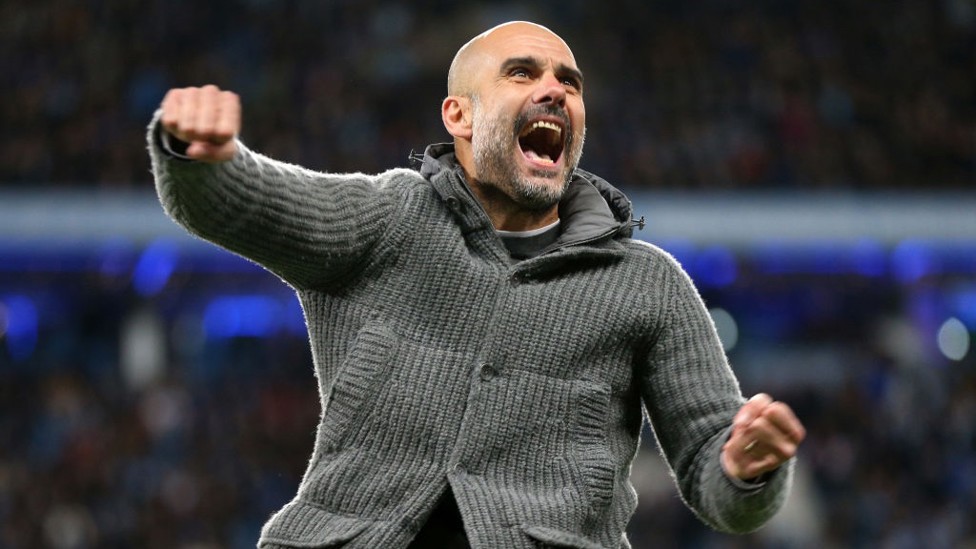 HOME COMFORT : Pep celebrates Kompany's wonder-goal v Leicester at the Etihad