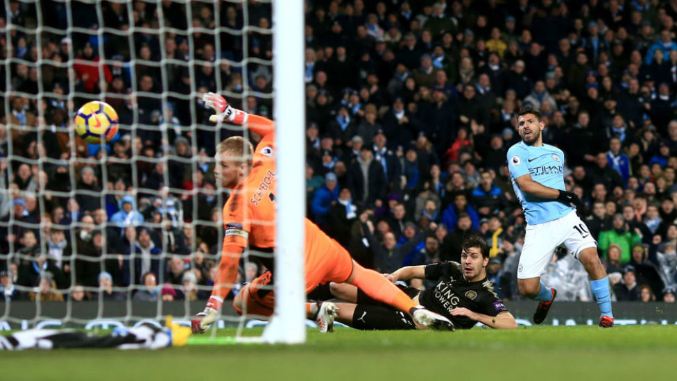 AWESOME FOURSOME : Our record goalscorer hit a four goal haul against Leicester during our 5-1 Etihad victory over the Foxes in 2018