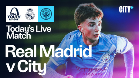 Promotional graphic for a UEFA Youth League match between Real Madrid and Manchester City, featuring blurred player, team logos, and City+ branding.