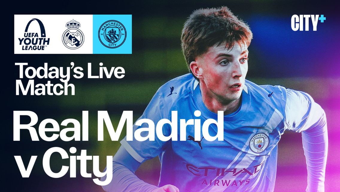 Promotional graphic for a UEFA Youth League match between Real Madrid and Manchester City, featuring blurred player, team logos, and City+ branding.