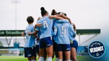 A group of female football players huddling in celebration wearing light blue jerseys numbered 4, 5, and 20. Text overlay reads 'Official Verdict.'