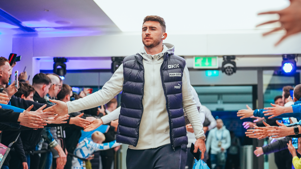 LAPORTING FOR DUTY : Aymeric arrives at the Etihad.