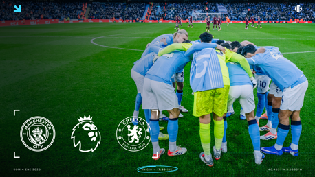 Image showing Manchester City players in a huddle on the field before a match against Chelsea. Logos of Manchester City, Premier League, and Chelsea are displayed. The date and time for the match are indicated as Sunday, January 4, 2026, at 17:30 UK.