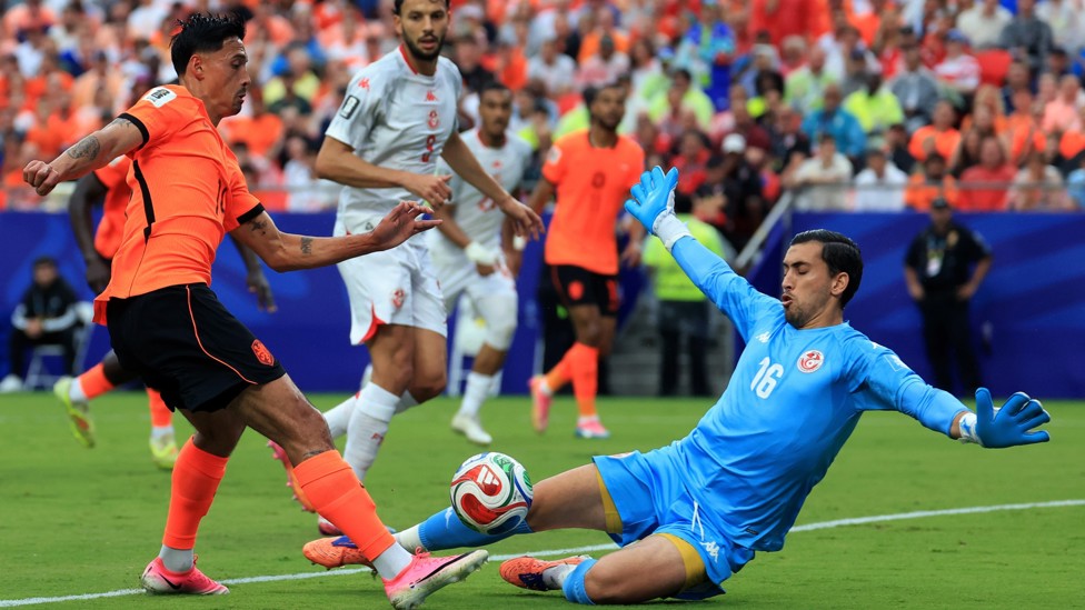  : Tijjani Reijnders tries to squeeze home a shot for Netherlands