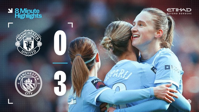 Manchester City Women's team celebrates a 3-0 victory over Manchester United, with team members embracing on the field.
