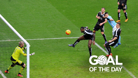 ON TARGET: Sergio Aguero heads home against Leicester.