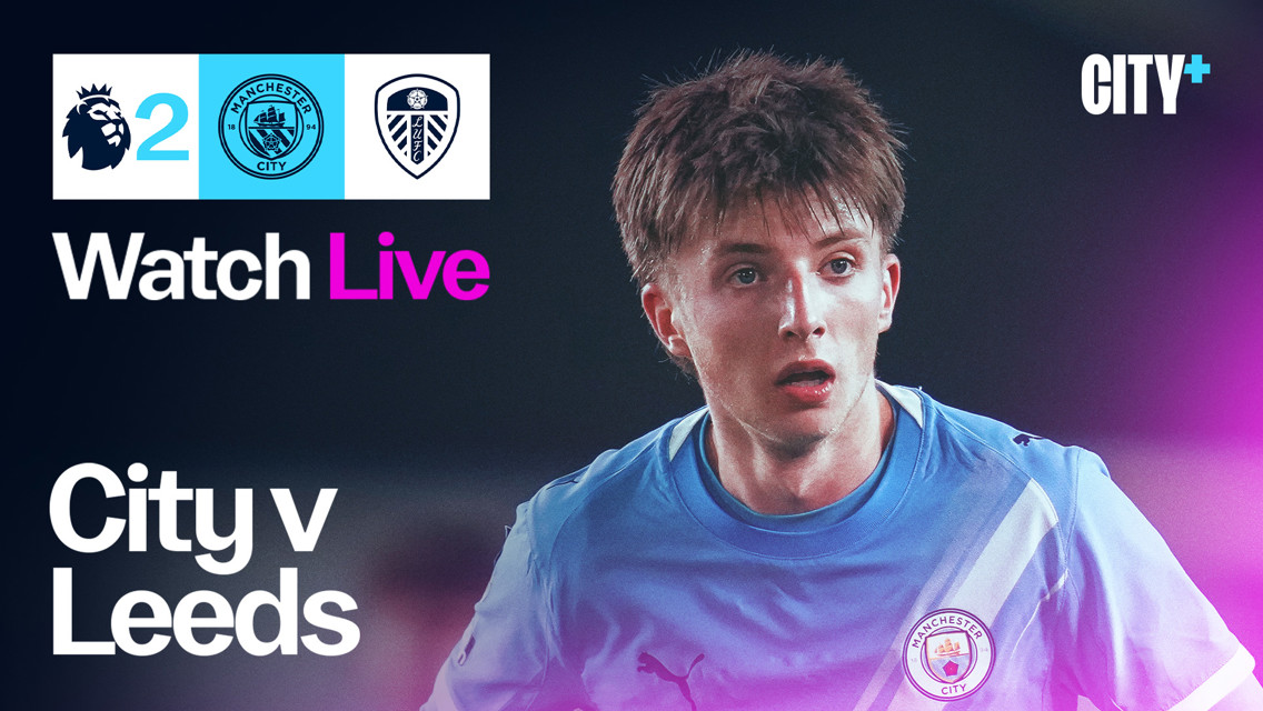 Promotional image for the Premier League match between Manchester City and Leeds United. The score is displayed as 2-0 in favor of Manchester City. The Manchester City and Leeds United logos are visible.