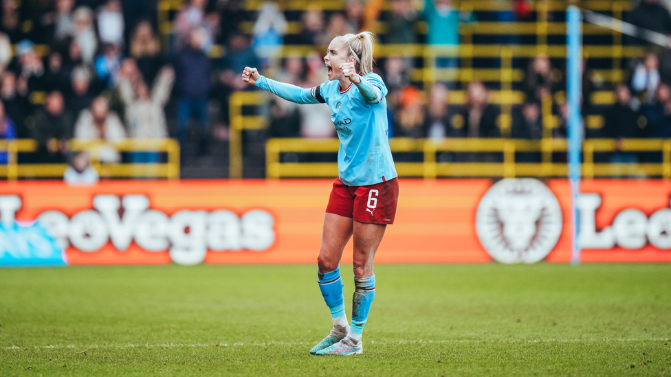 HAPPY HOUGHTON : Skipper Steph Houghton hails our supporters following the superb 2-1 victory over Arsenal at the Academy Stadium.