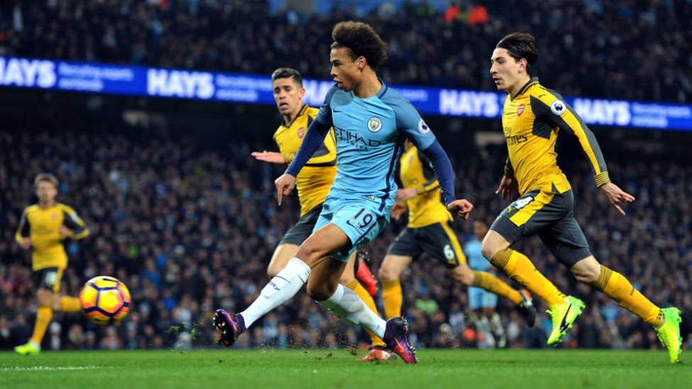 GOL PERDANA: Leroy membuat gol pertamanya bagi Tim Biru Langit saat melawan Arsenal pada Desember 2016