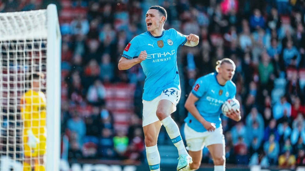 JUMPING FOR JOY : Phil Foden loved that Erling Haaland goal.