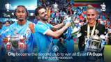 Celebration of Manchester City winning all three FA Cups in the same season, featuring trophies held by players.