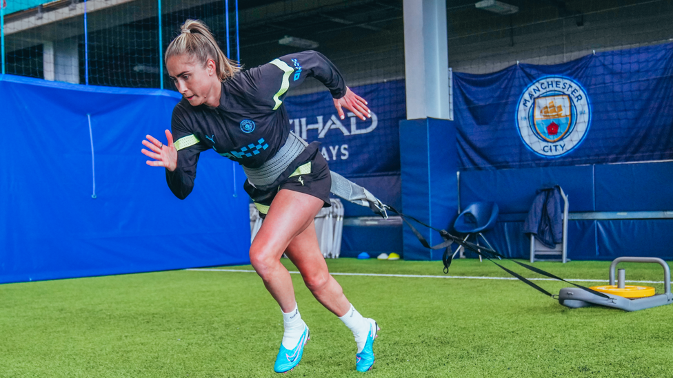 SPRINTING STEPH : Steph Houghton is put through her paces with weighted sprinting drills