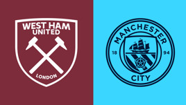 Logos of West Ham United and Manchester City. West Ham's logo features crossed hammers, while Manchester City's logo includes a ship and a flower.
