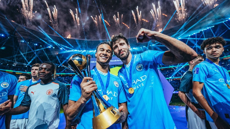 WORLD CLASS: Nathan and team mate Ruben Dias celebrate City's 2023 FIFA Club World Cup triumph in Jeddah.