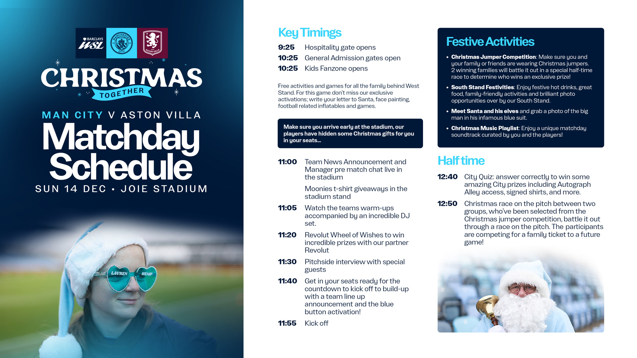 Matchday schedule for Man City vs Aston Villa on December 14 at Joie Stadium featuring festive activities, key timings, and halftime events.