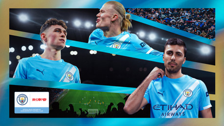 Collage featuring Manchester City football players in action, wearing the team's light blue Puma kit. The collage includes the club's logo and a sponsor's logo, set against a stadium backdrop.