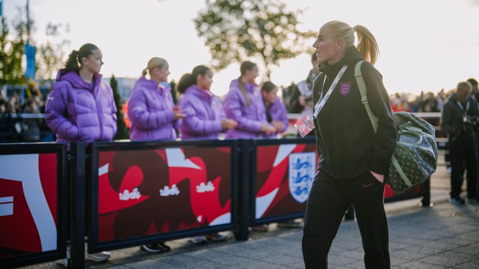 FAMILIAR FACE : Alex Greenwood arrives at the Etihad.