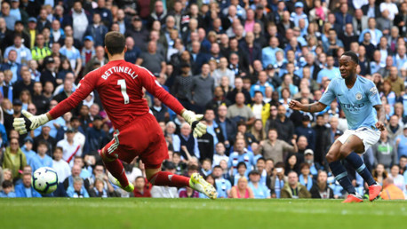 STERLING EFFORT: Raheem's shot is somehow saved by Bettinelli 