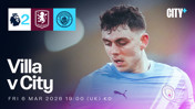 Promotional graphic for the Premier League match between Aston Villa and Manchester City, scheduled for Fri 6 Mar 2026 at 19:00 UK time.