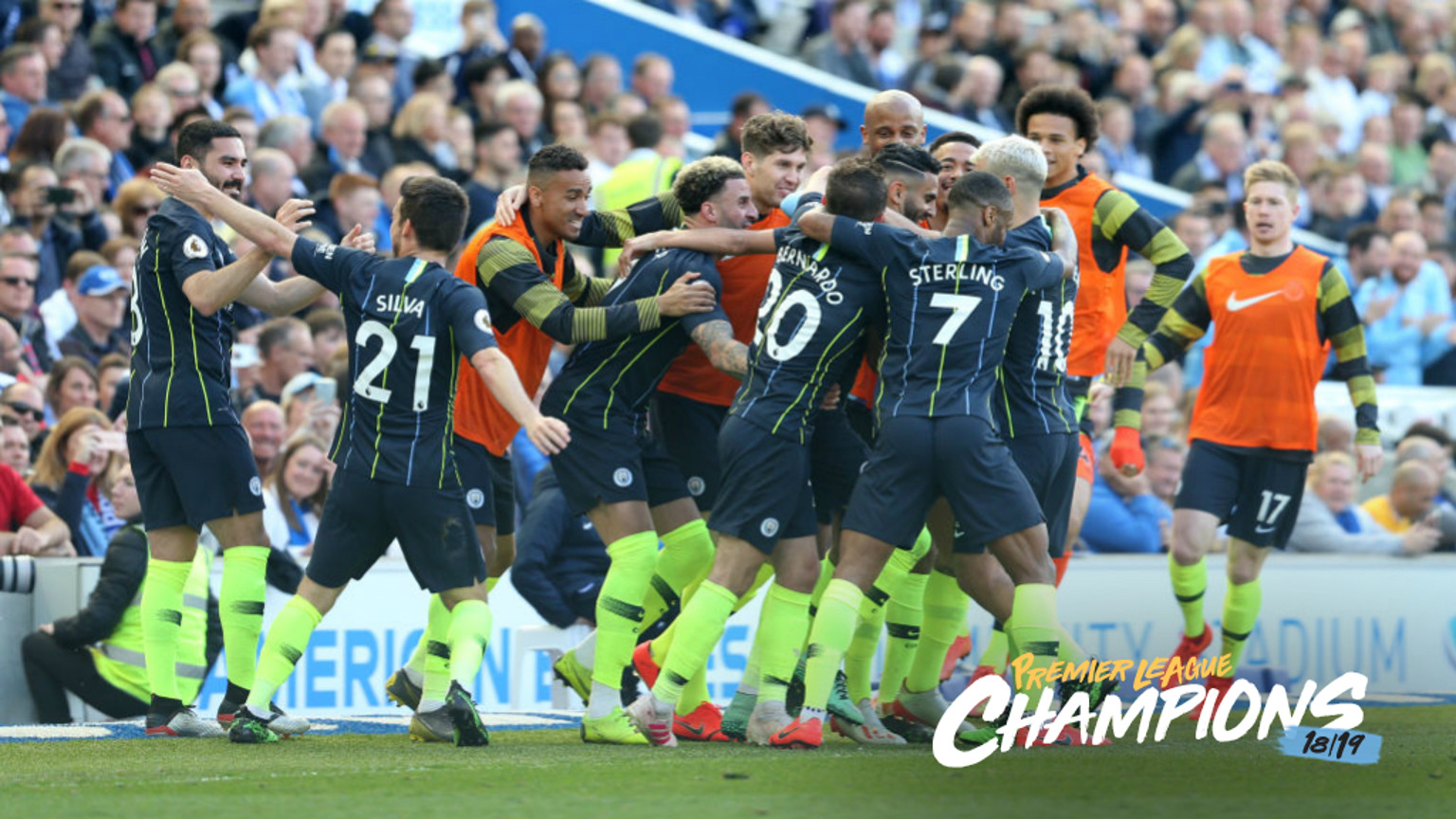 CHAMPIONS: City celebrate Riyad Mahrez crucial third goal.