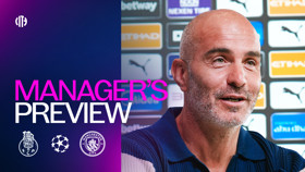 A manager giving a press conference with text 'Manager's Preview' and logos of FC Porto, UEFA Champions League, and Manchester City.