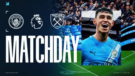 Graphic featuring Manchester City vs West Ham United match on Sunday, 20 Dec 2025, with Premier League and team logos, player in the Manchester City kit, and stadium backdrop.