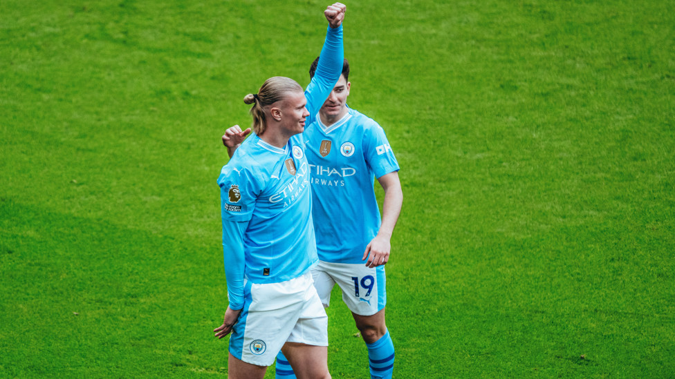 PERFECT START : Haaland and Alvarez celebrate.