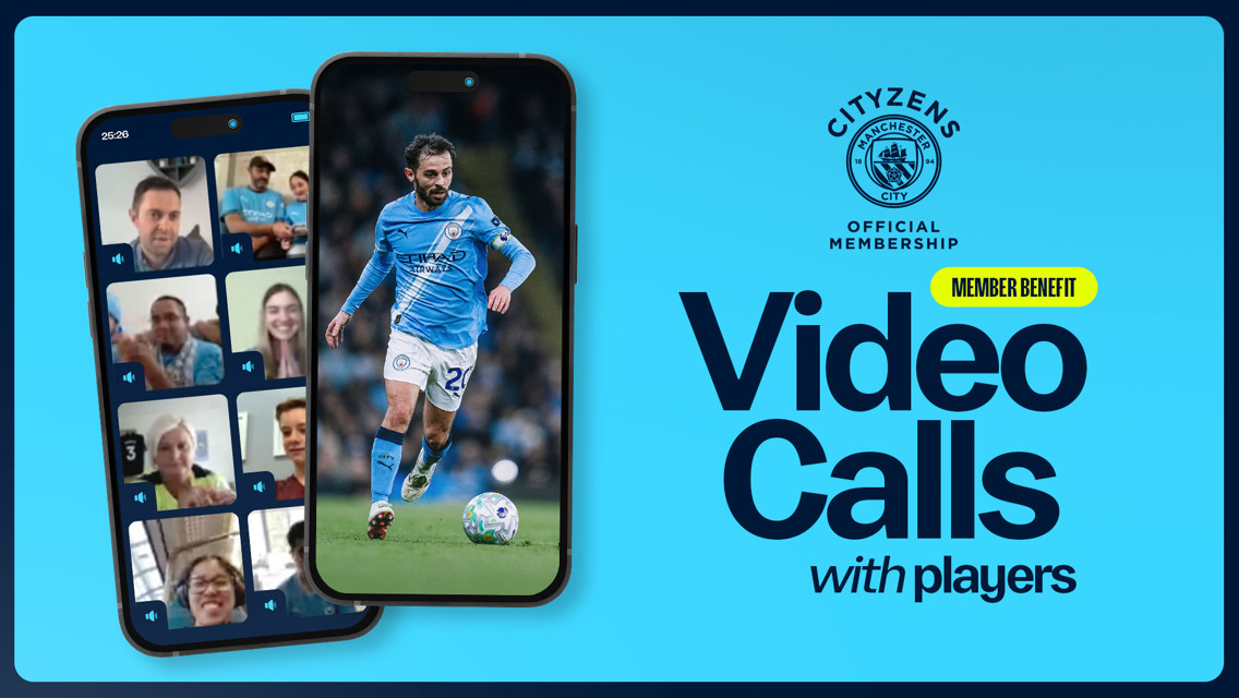 Promotional graphic for Manchester City's Cityzens Official Membership showcasing member benefits like video calls with players.