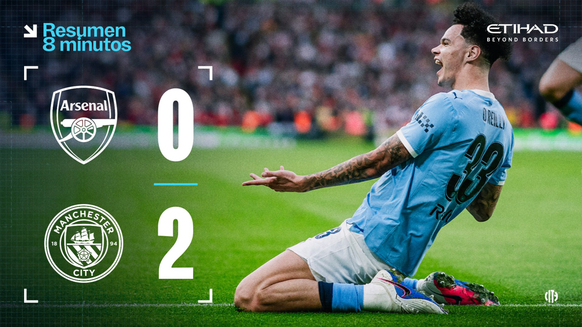 Manchester City defeats Arsenal 2-0, featuring a player in a blue kit celebrating.