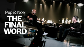 Two people are seated on stage in a studio setting with trophies displayed in the background. Text on the left reads: 'Pep & Noel THE FINAL WORD.'