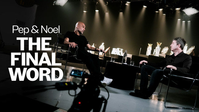 Two people are seated on stage in a studio setting with trophies displayed in the background. Text on the left reads: 'Pep & Noel THE FINAL WORD.'