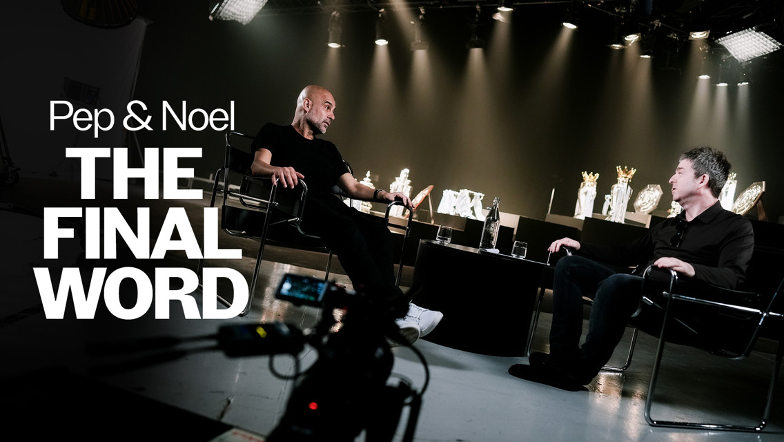 Two people are seated on stage in a studio setting with trophies displayed in the background. Text on the left reads: 'Pep & Noel THE FINAL WORD.'