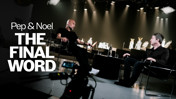 Two people are seated on stage in a studio setting with trophies displayed in the background. Text on the left reads: 'Pep & Noel THE FINAL WORD.'