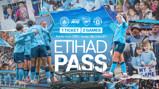 Promotional image for Etihad Pass offering 1 ticket for 2 games at Manchester City's Etihad Stadium, including games against Arsenal and Manchester United. Ticket prices: Adults from £20, Under 18s from £7.