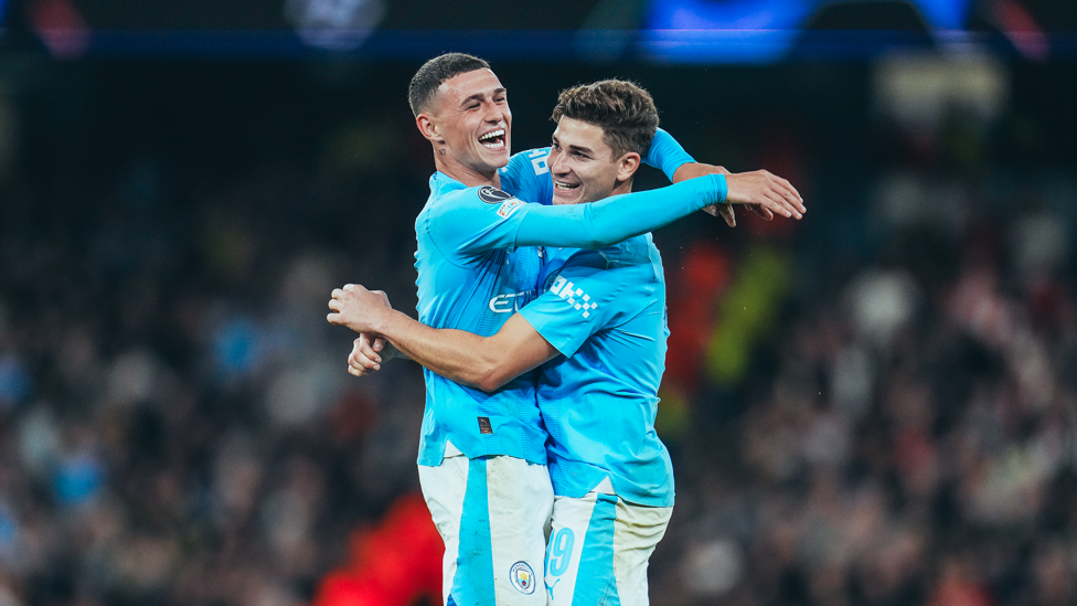 DOUBLE TROUBLE : Alvarez celebrates with Foden after putting us ahead!