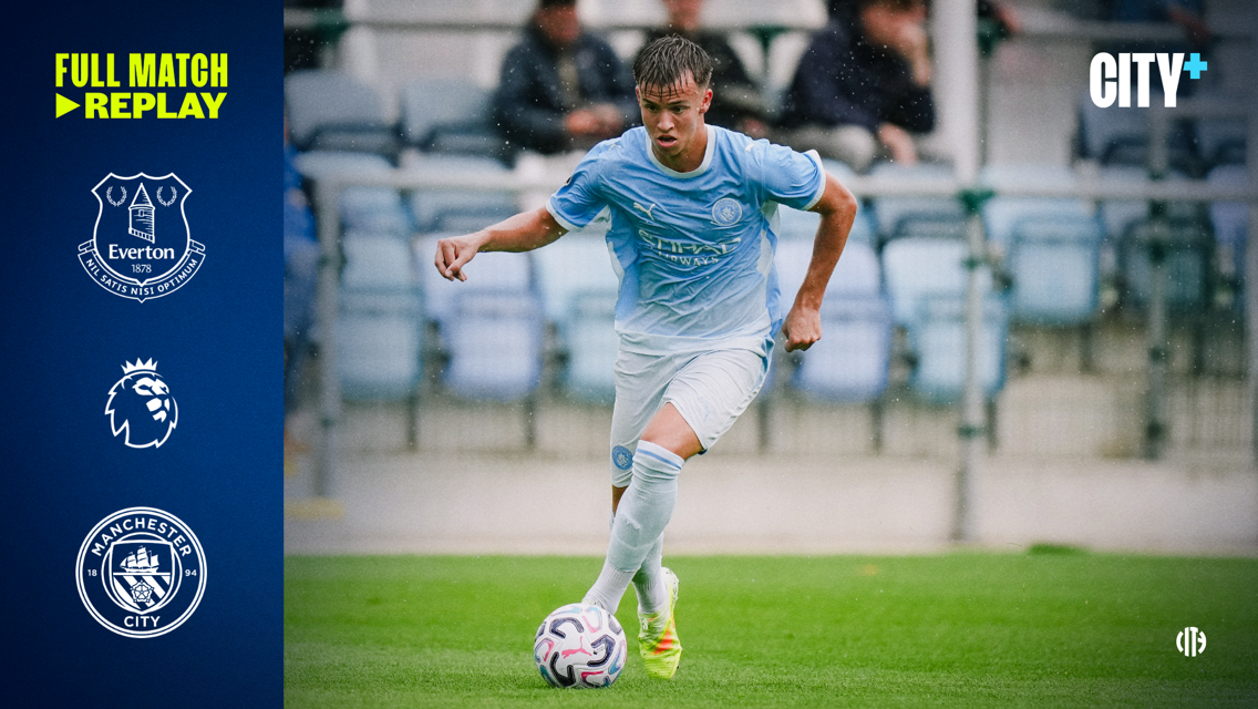 An Everton vs Manchester City match advertisement featuring a player in Manchester City kit dribbling a ball. Logos of both clubs and the Premier League are displayed, promoting a full match replay on CITY+ platform.
