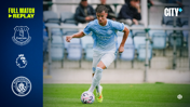 An Everton vs Manchester City match advertisement featuring a player in Manchester City kit dribbling a ball. Logos of both clubs and the Premier League are displayed, promoting a full match replay on CITY+ platform.