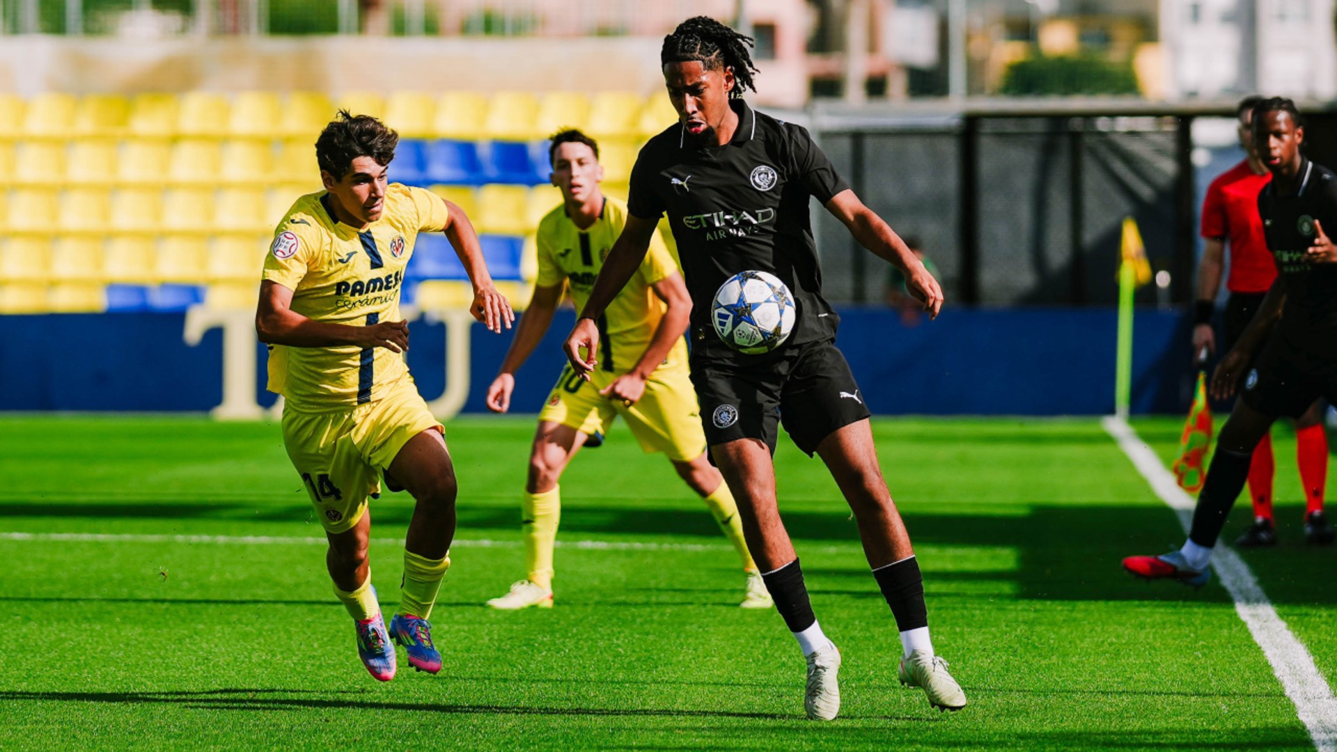 BOUNDING BRAITHWAITE : Kaden Braithwaite carries the ball forward as City look to attack.
