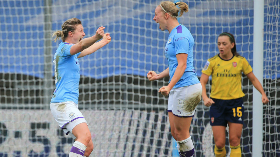 PAULINE POUNCES : Pauline Bremer and strike partner Ellen White celebrate the opener