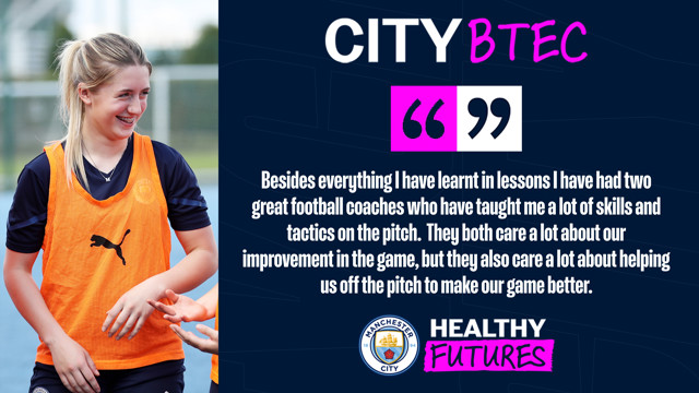 Photo of a female football player in an orange training vest with a quote about learning skills and tactics from two football coaches who care about improvement on and off the pitch. The image also features Manchester City and Healthy Futures logos.