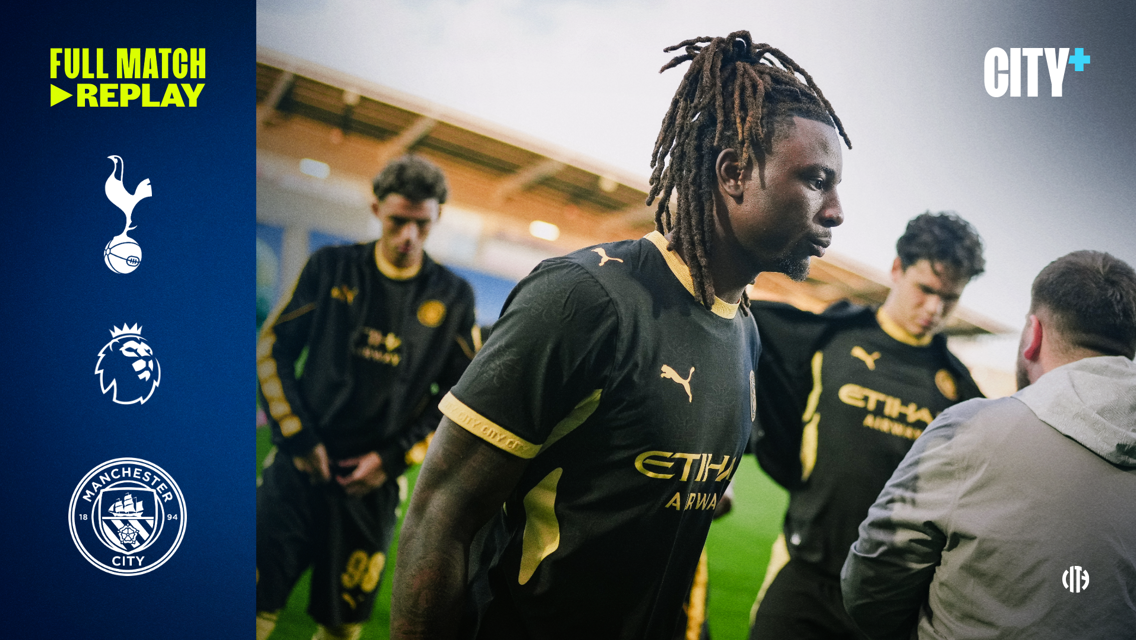 Promotional graphic featuring Tottenham Hotspur vs Manchester City, with players in Manchester City's pre-match attire, City+ branding, and match replay notice.